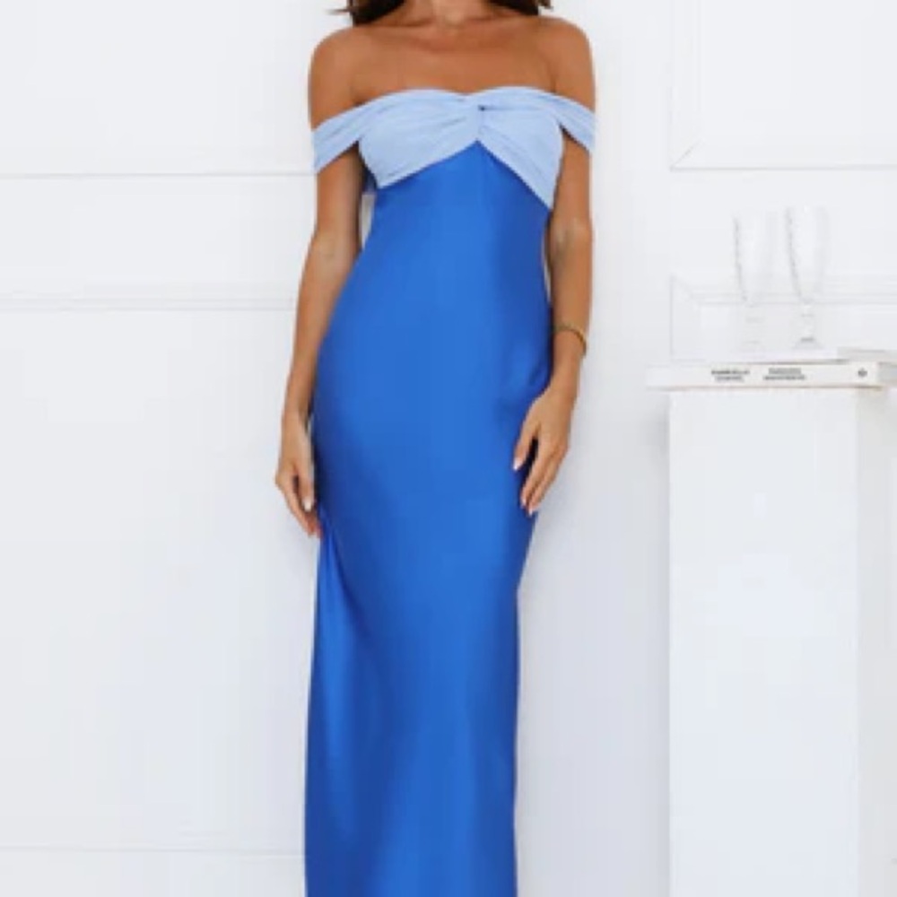 LUXE AND LIKES OFF SHOULDER SATIN MAXI DRESS BLUE